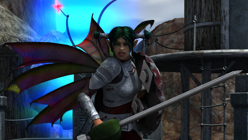 An angry pixie wearing plate armour and carrying a sword made from a nail and a shield made from a bottle cap prepares to defend their village.
