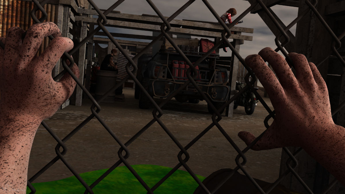 Post-Apocalyptic: A man and a woman works on a modified car in an enclosed compound. The man appears to be staring at the engine while the woman is sitting on the rafters studying a part. A motorcycle is parked by the car. The view is seen from the point of view of someone looking through a chain link fence and the scene is framed by hands holding onto the fence.
