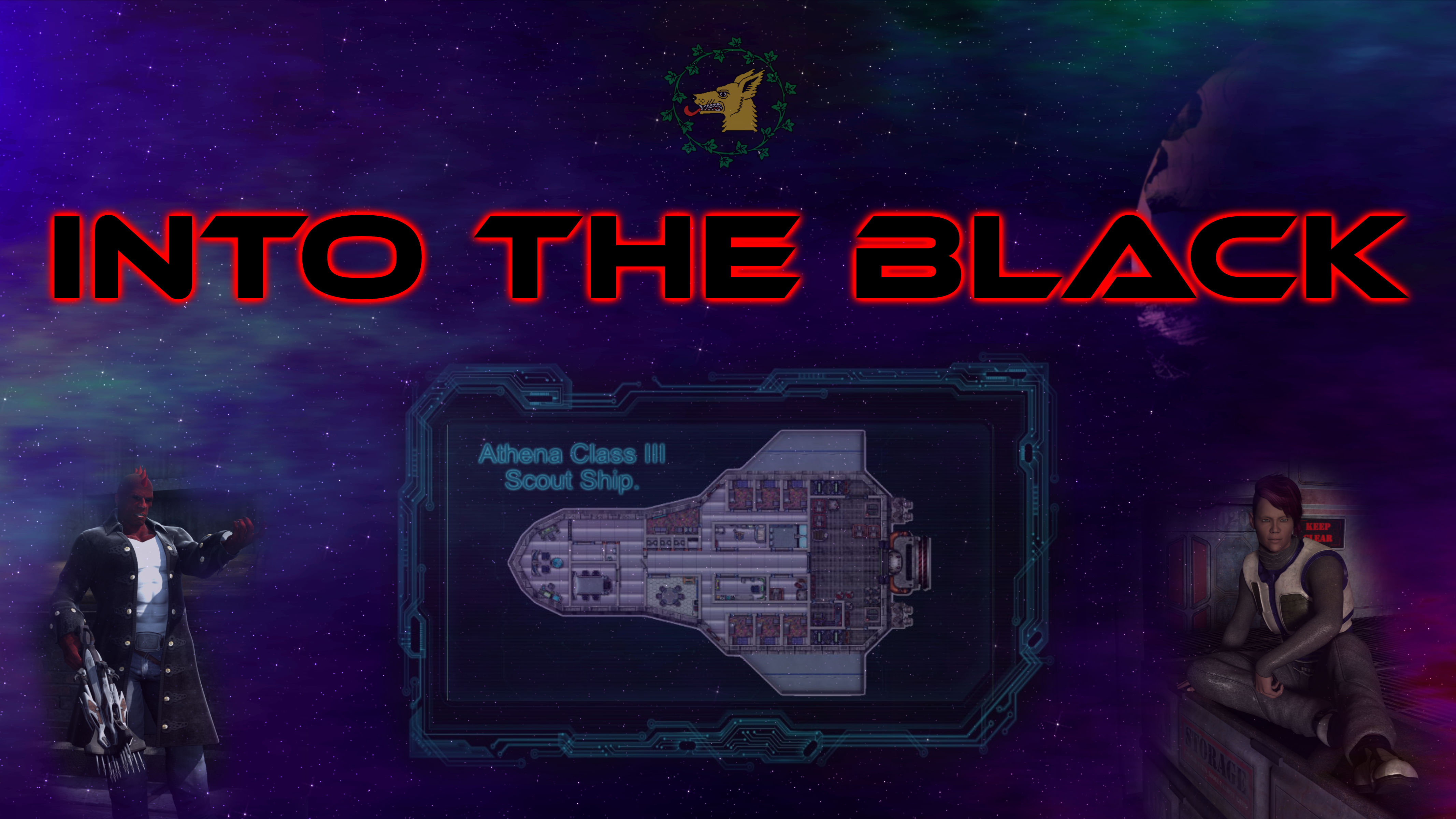 Into The Black. A starship diagram and a pair of characters displayed over a nebula.